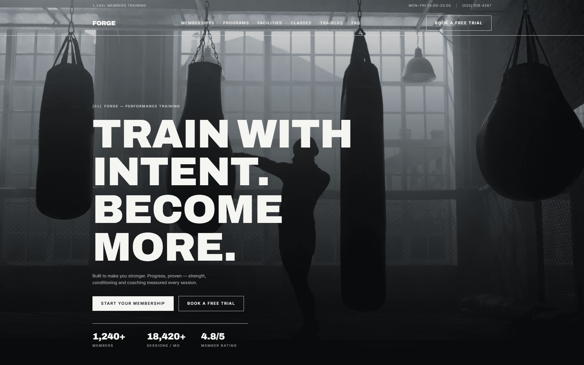 Forge — performance training homepage hero with live member and session metrics
