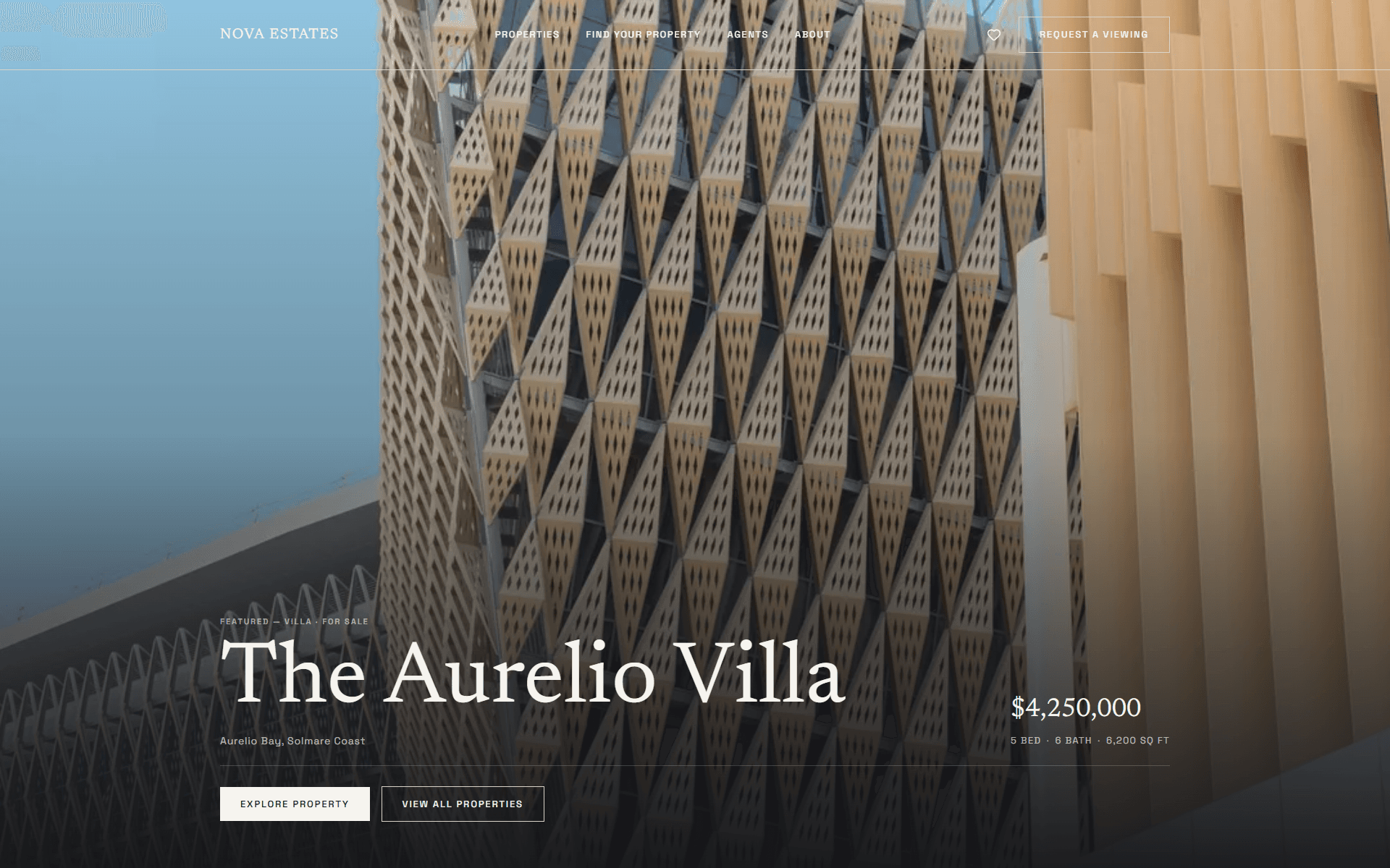 Nova Estates — property-first homepage hero with listing facts overlay